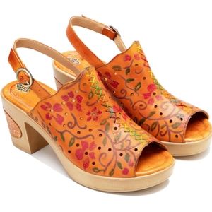 Orange Red Slingback Sandals with Floral Cutout Design